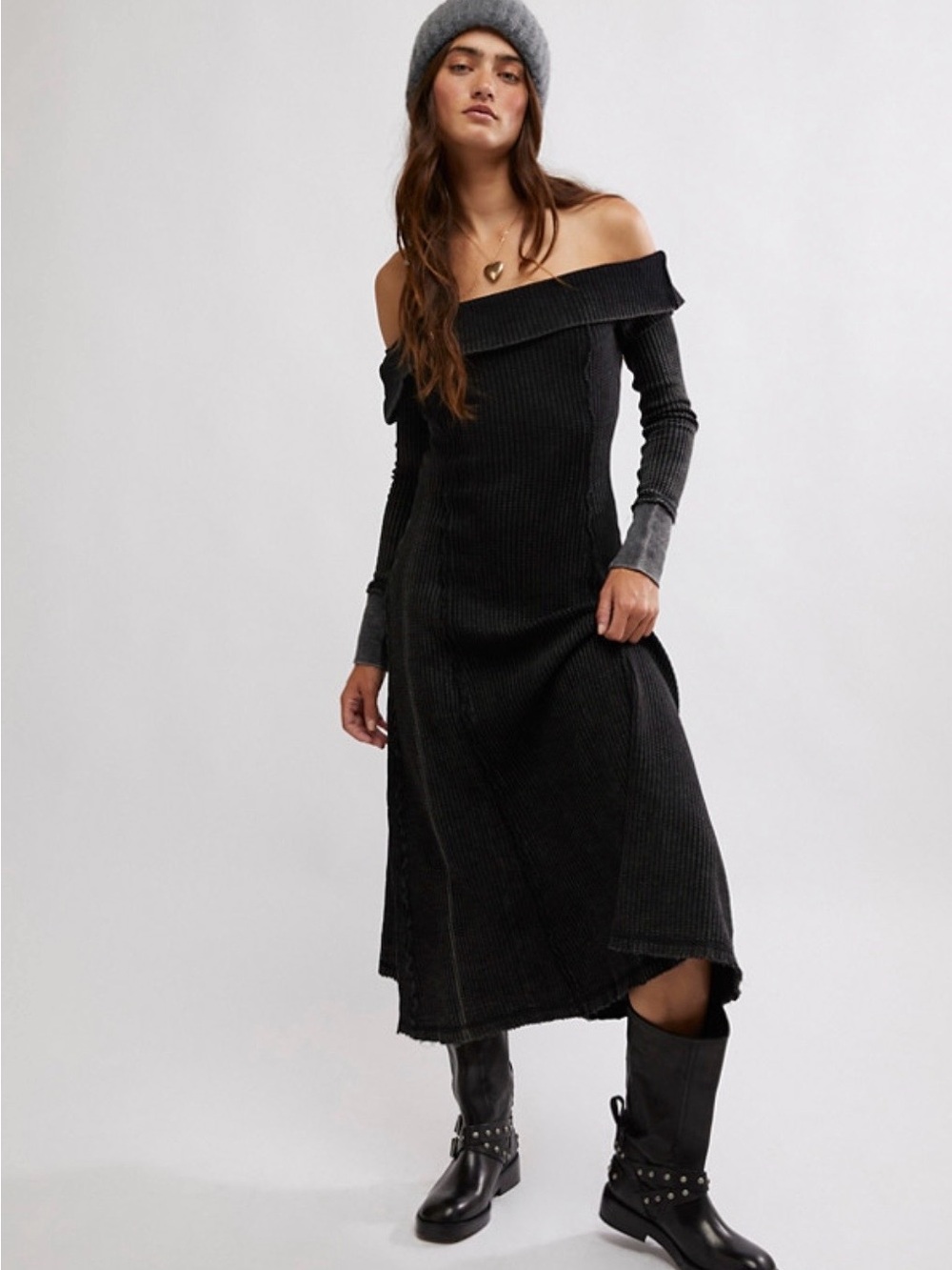 Free People Monty Off-Shoulder Ribbed Midi Dress Washed Black Size Small
